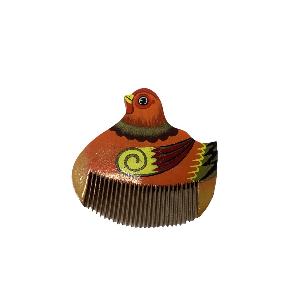 Vtg Chinese Wood Chicken Decorative Hair Comb Hand Painted Orange Red Yellow 2"